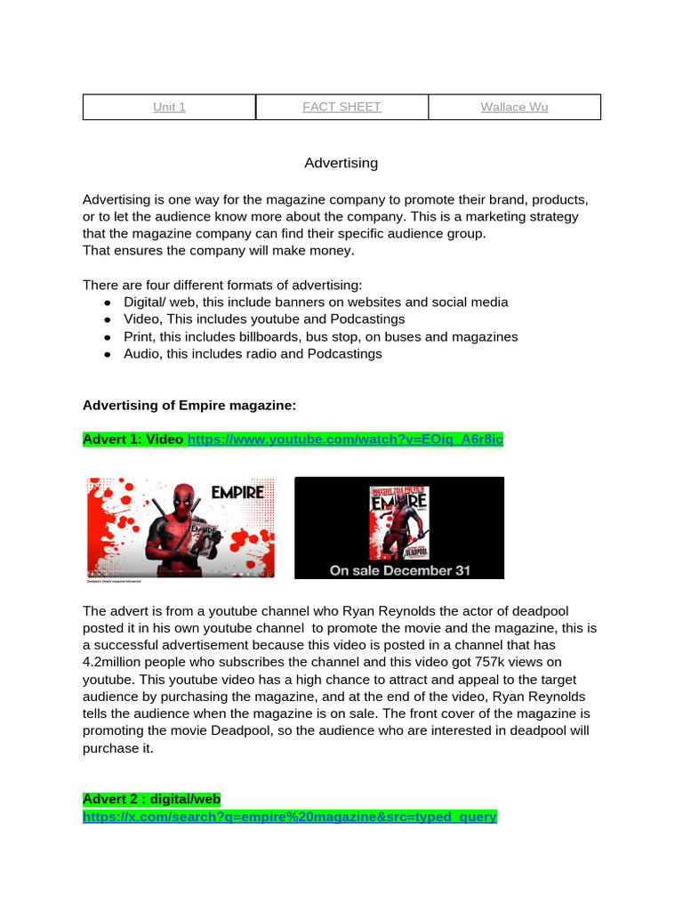 Advertising Strategies for Empire Magazine | PDF | Advertising | You Tube