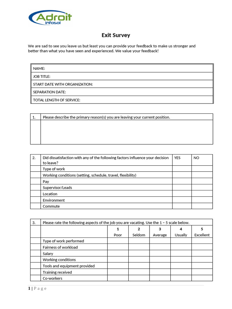 Exit Feedback Form for Departing Employees | PDF