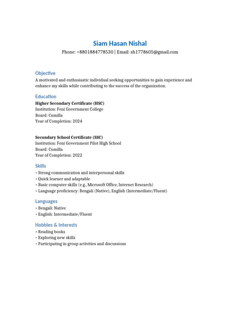 Siam Hasan Nishal CV | PDF