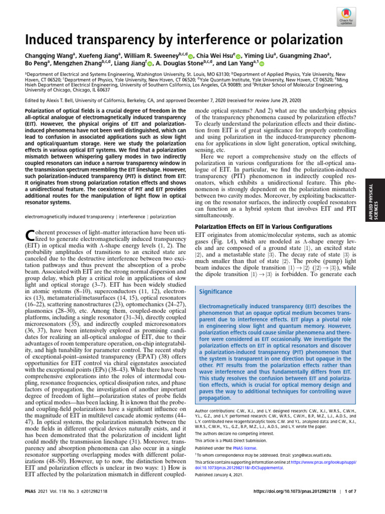 Wang Et Al 2021 Induced Transparency by Interference or Polarization ...