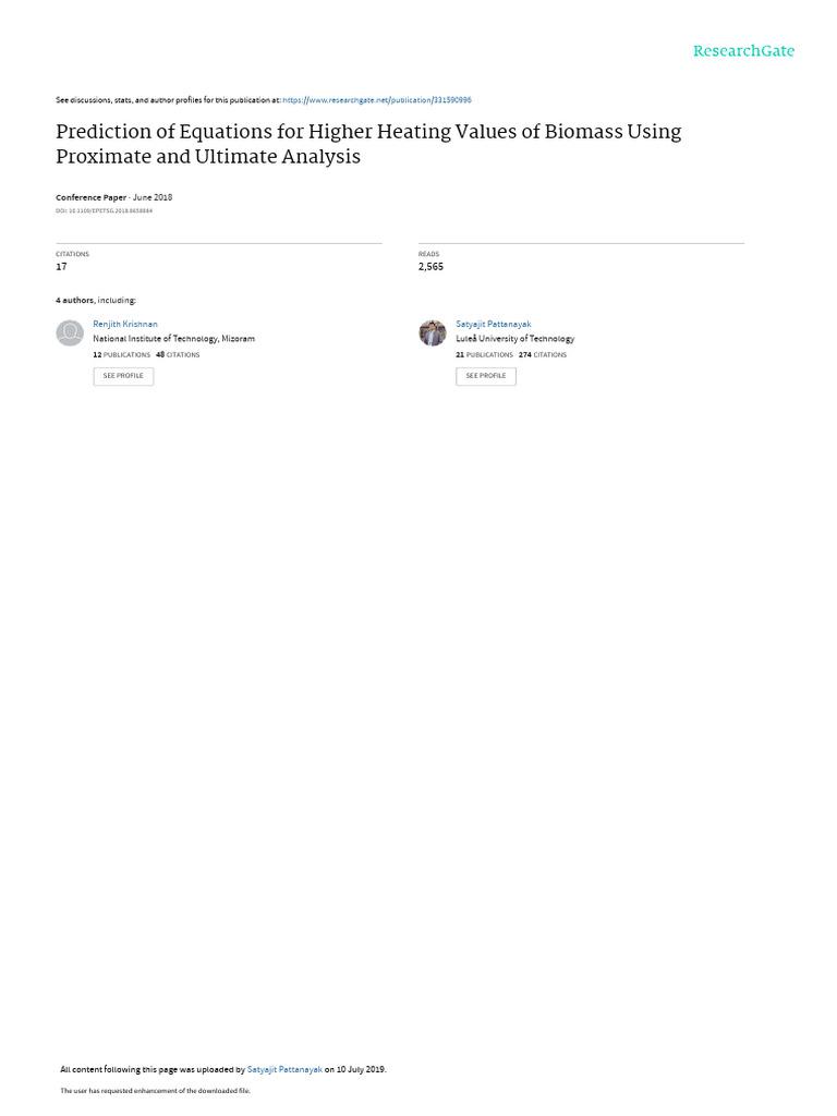 Prediction of Equations For Higher Heating Values of Biomass Using ...