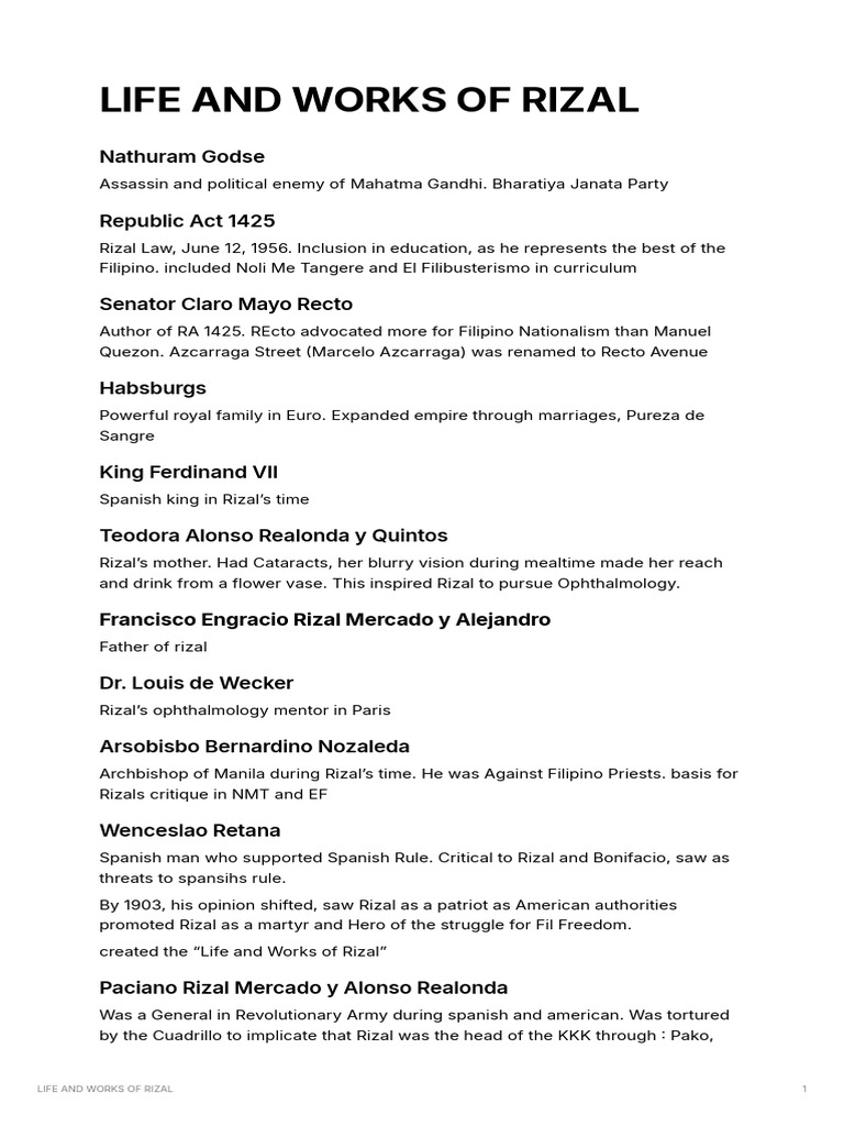 Notes Life and Works of Rizal | PDF | Philippines | Spanish East Indies