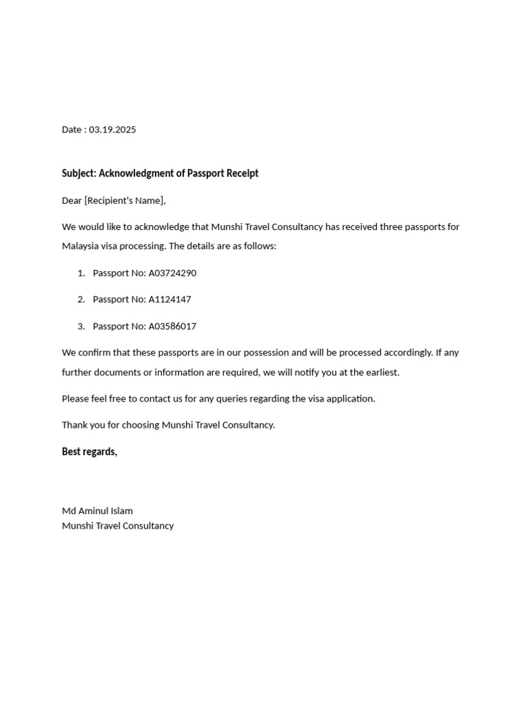 Passport Receipt Acknowledgment for Visa | PDF