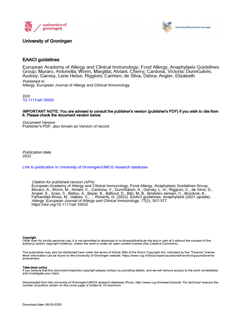 Allergy 2021 Muraro EAACI Guidelines Anaphylaxis 2021 Update | PDF ...