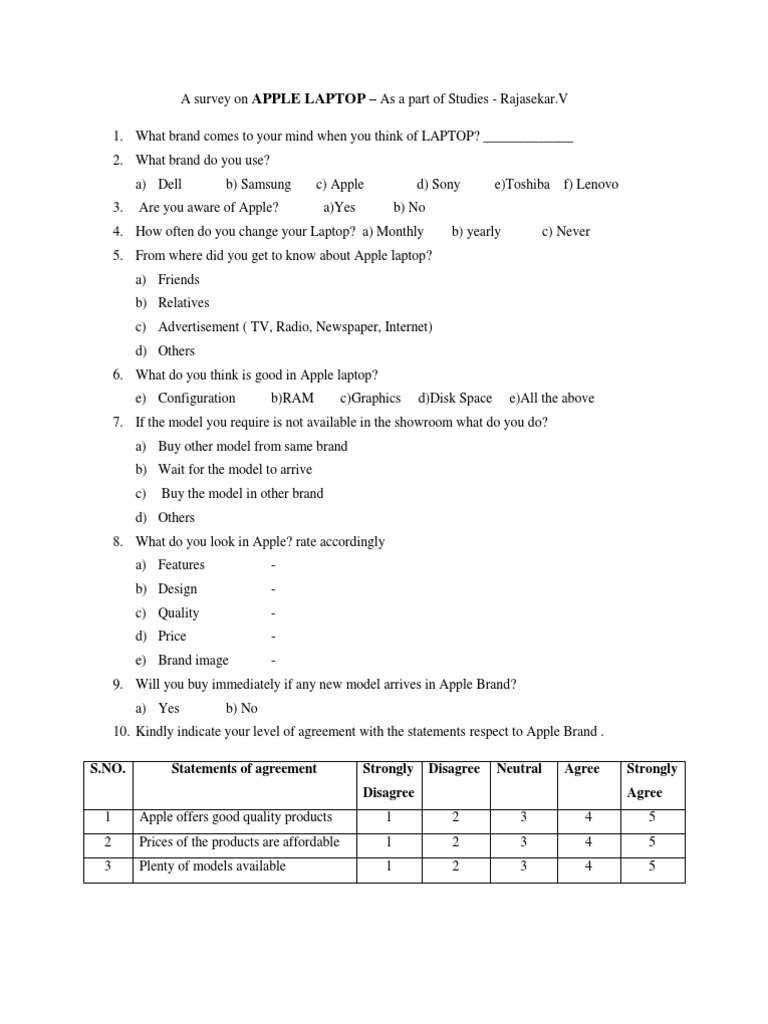 Apple Lap Sample Questionnaire Apple Inc. Laptop