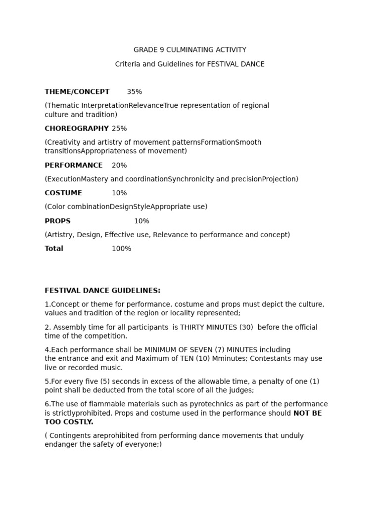 Grade 9 Festival Dance Guidelines | PDF