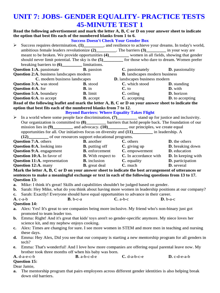 Gender Equality Practice Test | PDF | Intelligence (AI) & Semantics ...