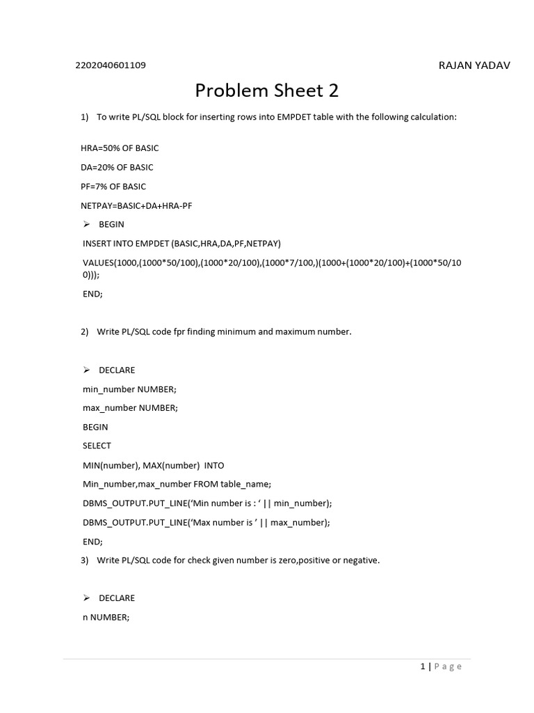 PL/SQL Code Examples and Solutions | PDF | Pl/Sql | Computer Programming