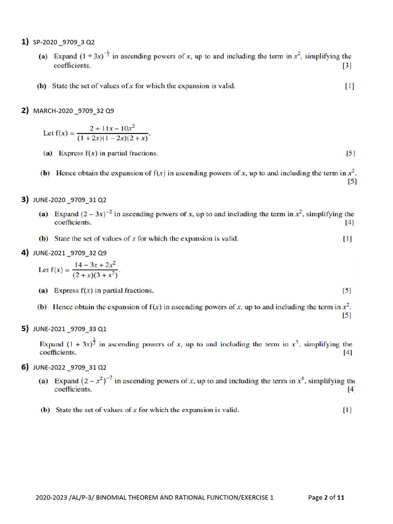 Binomial Theorem Exercises 2020-2023 | PDF