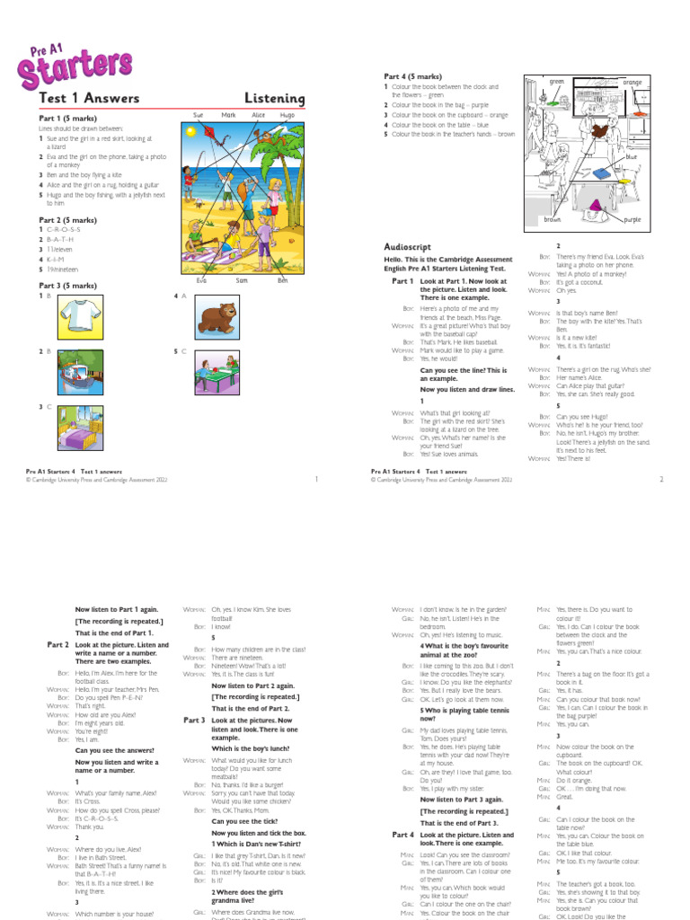 Pre A1 Starters 4 Test 1 Answers | PDF