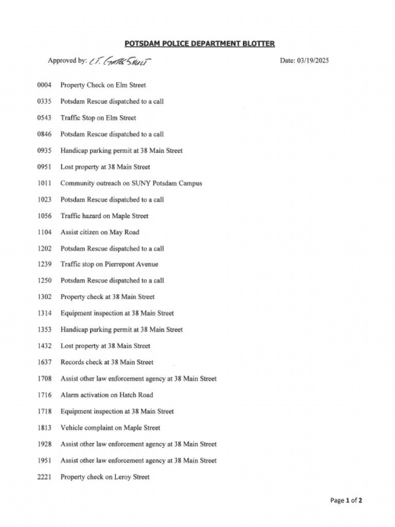 Potsdam Village Police Dept. blotter March 19, 2025 PDF