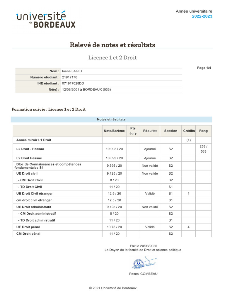 Relevé de notes Licence Droit 2022-2023 | PDF