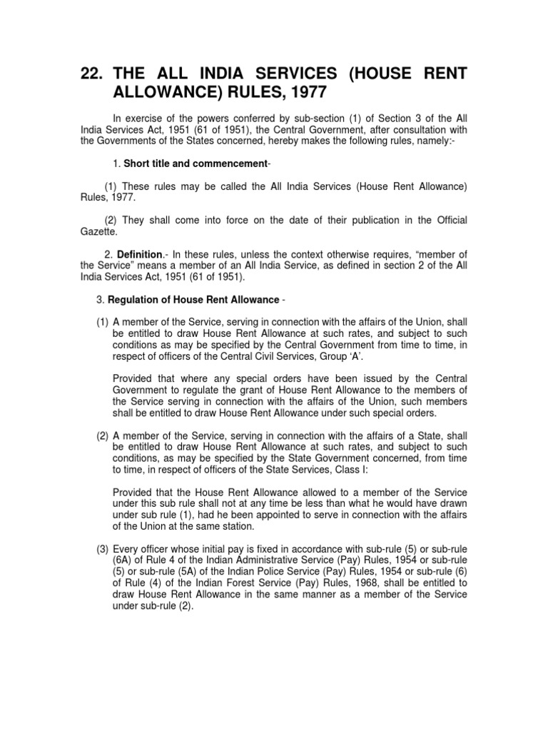 22.the All India Services (House Rent Allowance) Rules, 1977 (Updated Up To 27th November, 2007