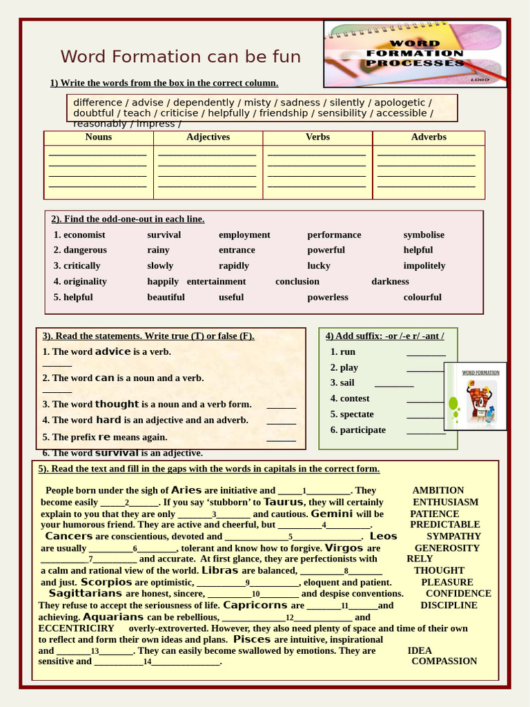 Word Formation Can Be Fun Grammar Drills Oneonone Activities Reading ...