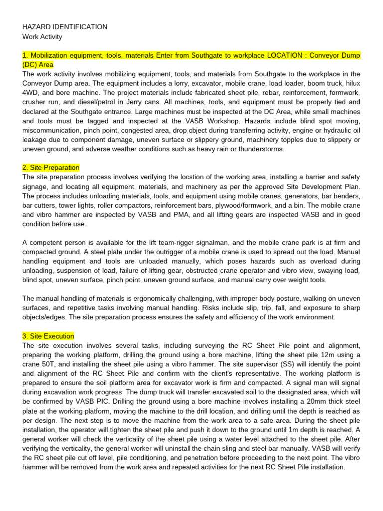 Hazard Identification for Construction Activities | PDF | Deep ...