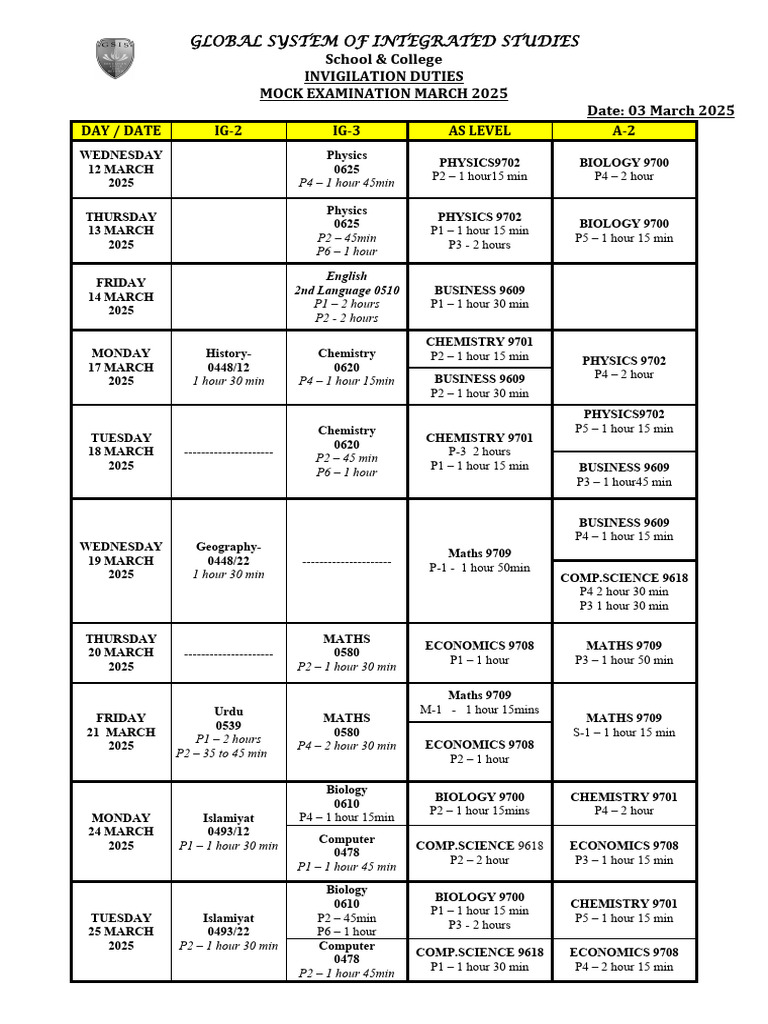 Mock Exam Schedule March 2025 | PDF