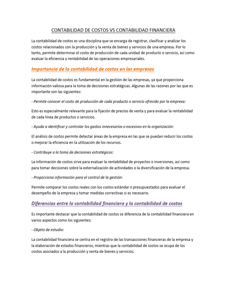 Contabilidad de Costos VS Contabilidad Financiera | PDF | Contabilidad ...