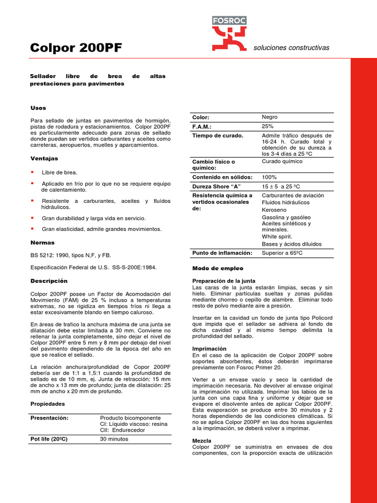 Sellador Colpor 200PF para Juntas | PDF | Agua | Materiales