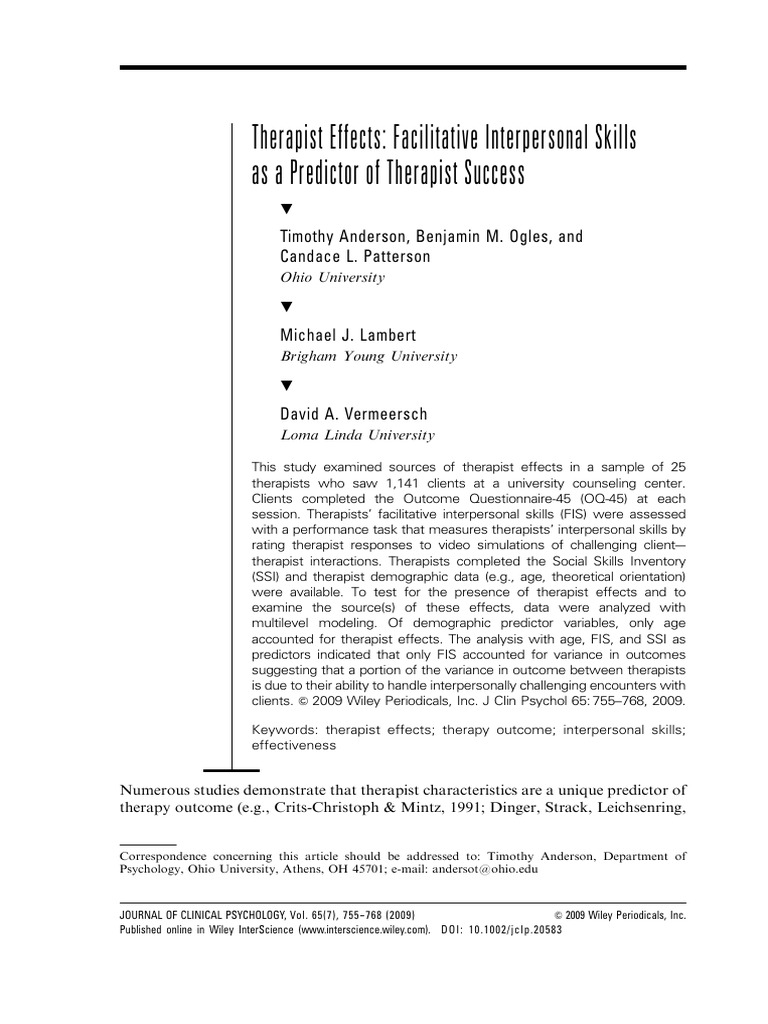 Therapist Effects Facilitative Interpersonal Skills As A Predictor of