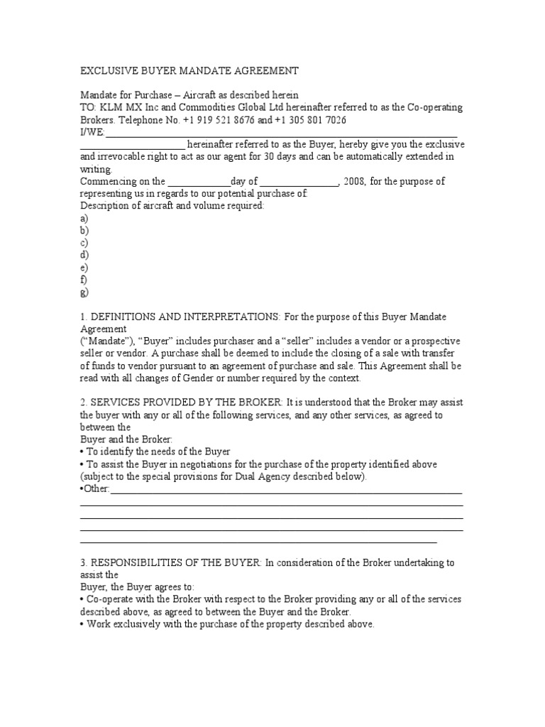 Exclusive Buyer Mandate Agreement | PDF | Real Estate Broker | Business Law