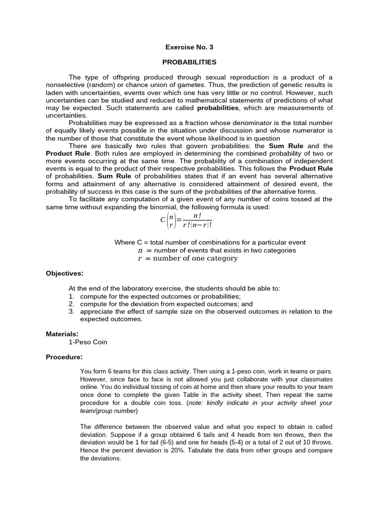 Bio 222a Lab Activity 3 Probabilities | PDF | Probability | Numbers