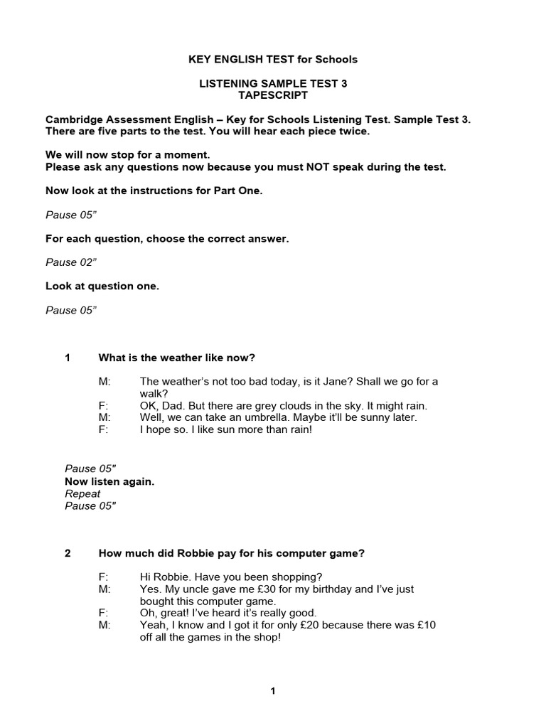 A2 Key Listening Sample Test 3 Transcript | PDF