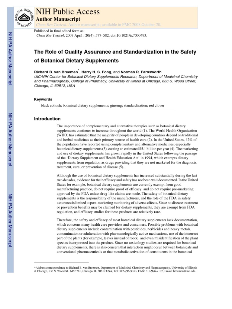 Role of Quality Assurance & Standardization in The Safety of Botanical Dietary Supplements PDF