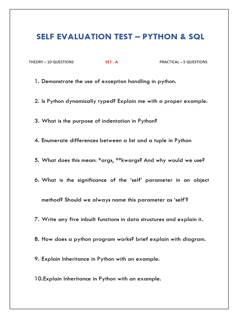 Python & SQL Self Evaluation Test | PDF