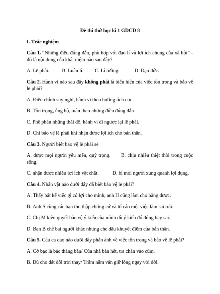 Đề Thi Thử Học Kì 1 GDCD 8 | PDF