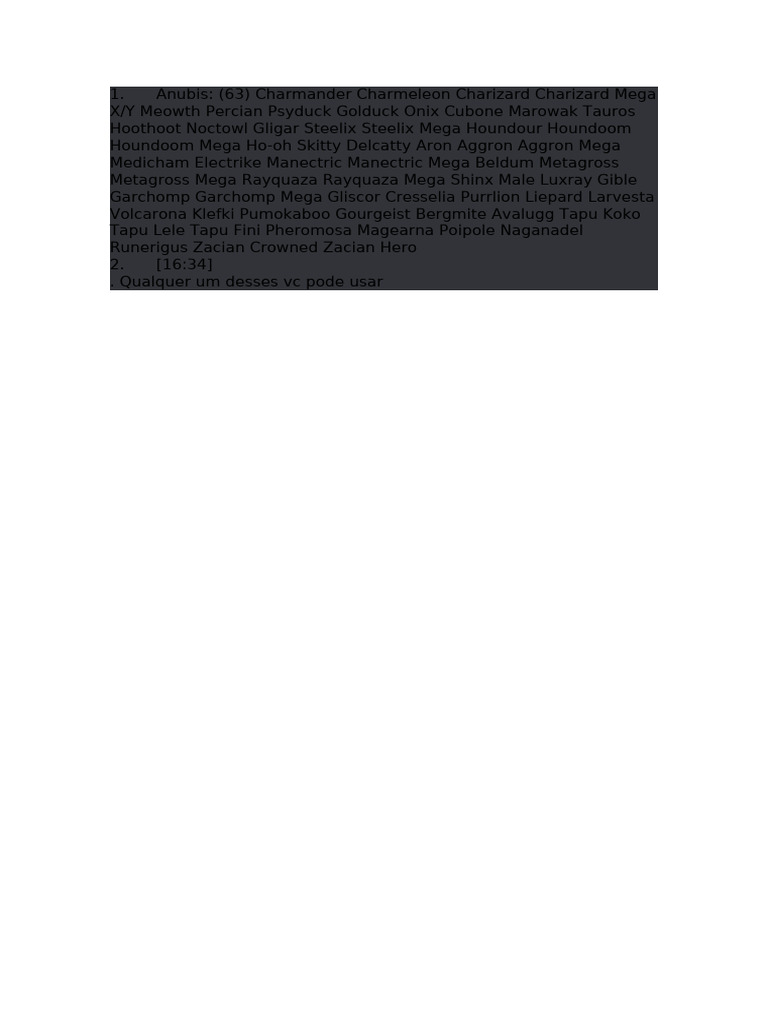 Anubis Pokémon and Pumokaboo List | PDF