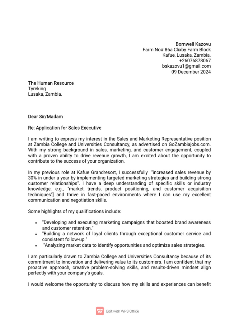 Application for Sales Executive Position | PDF
