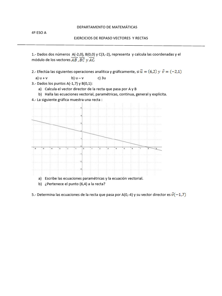 Ejercicios de Vectores y Rectas 4º ESO | PDF