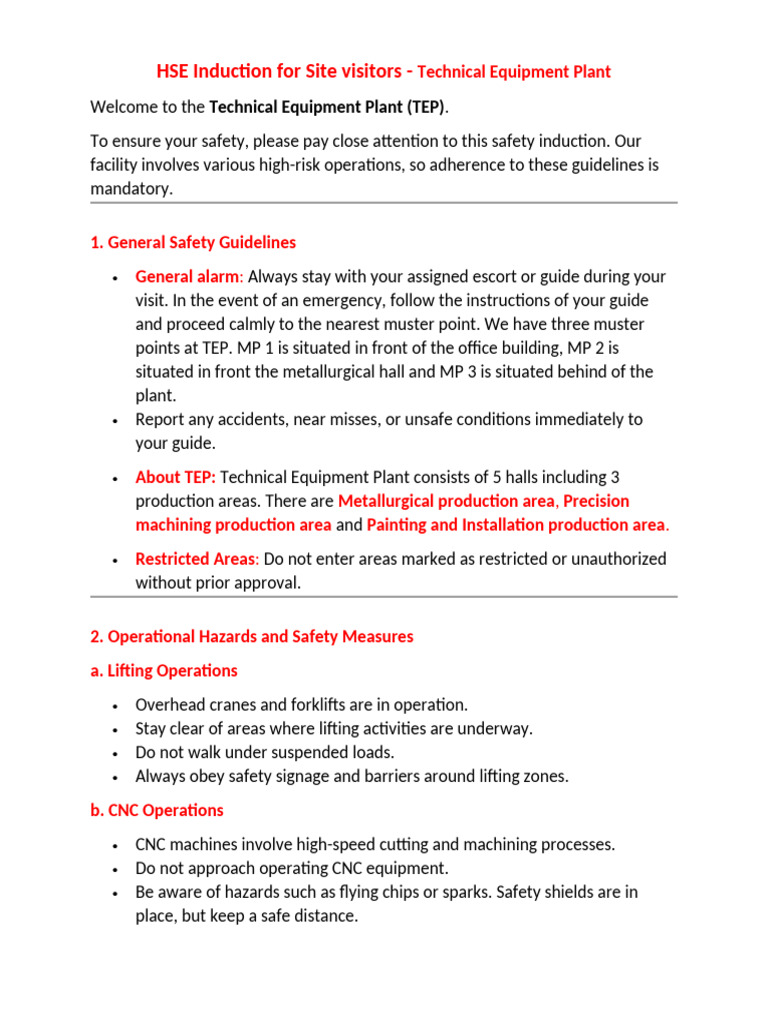 Safety Induction for TEP Visitors | PDF | Personal Protective Equipment ...