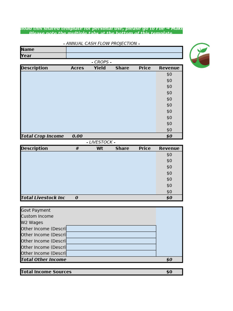 Annual Farm Cash Flow Projection Template | PDF | Expense | Income