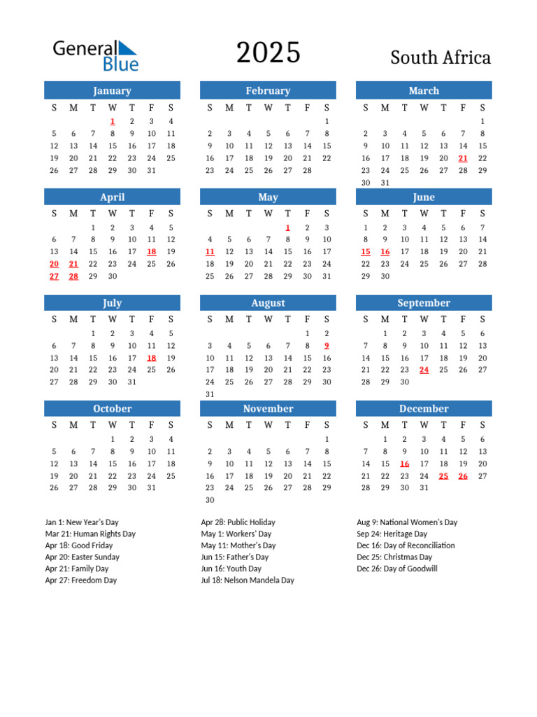 2025 South Africa Calendar with Holidays | PDF | Observances | Holidays