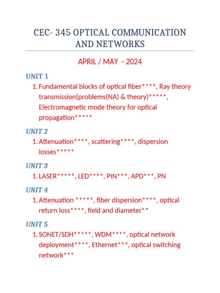 CEC 345 Optical Communication Syllabus | PDF