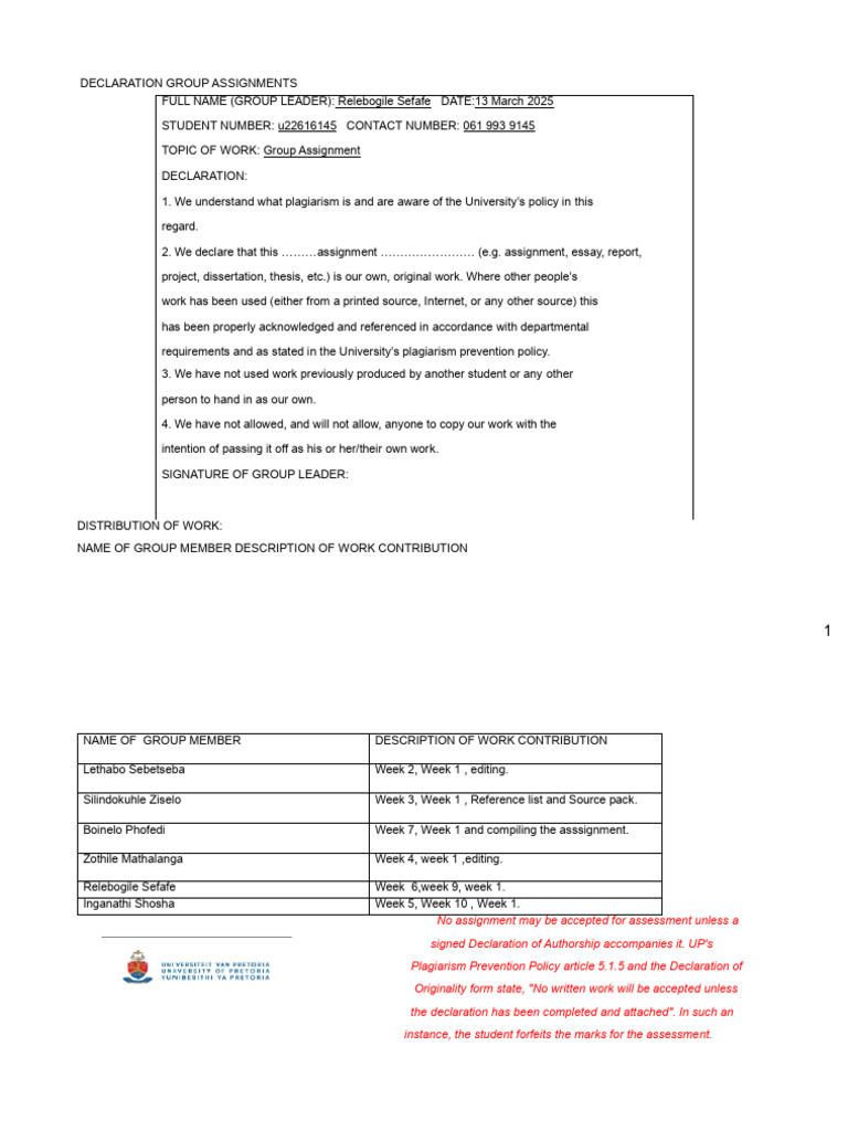 Group Assignment Declaration Form | PDF | Educational Assessment | Learning