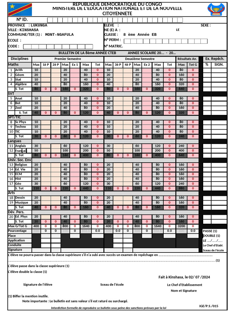 Bulletin Scolaire 8ème Année RDC 2025 | PDF | Mathématiques