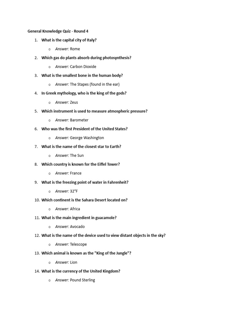 General Knowledge Quiz 4 Pdf