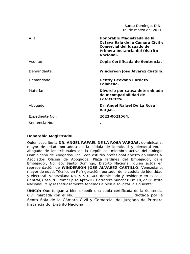 Solicitud de Copia de Sentencia de Divorcio | PDF