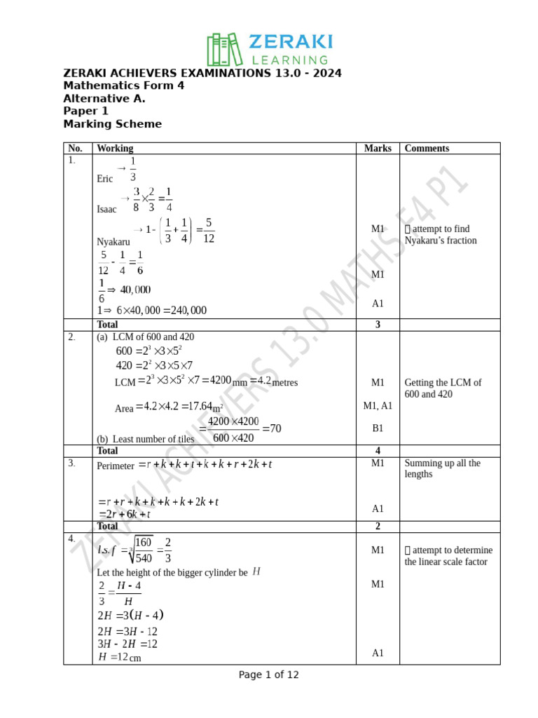 Mathematics - Paper 1 - Marking Scheme | PDF | Area | Mathematics