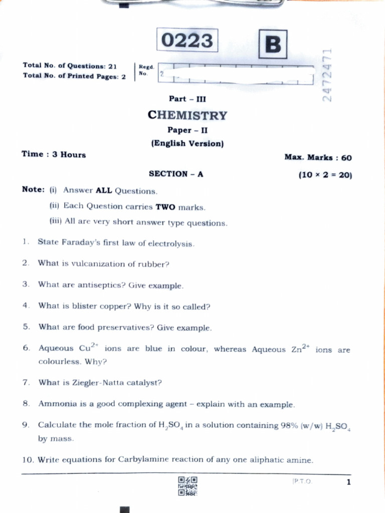 Chemistry 2nd Year TS QP 2025 March 20 2025 | PDF