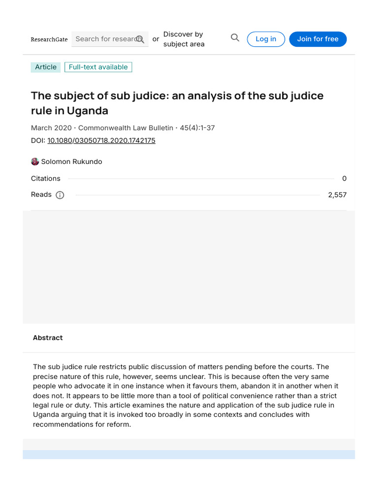 The Subject of Sub Judice - An Analysis of The Sub Judice Rule in ...