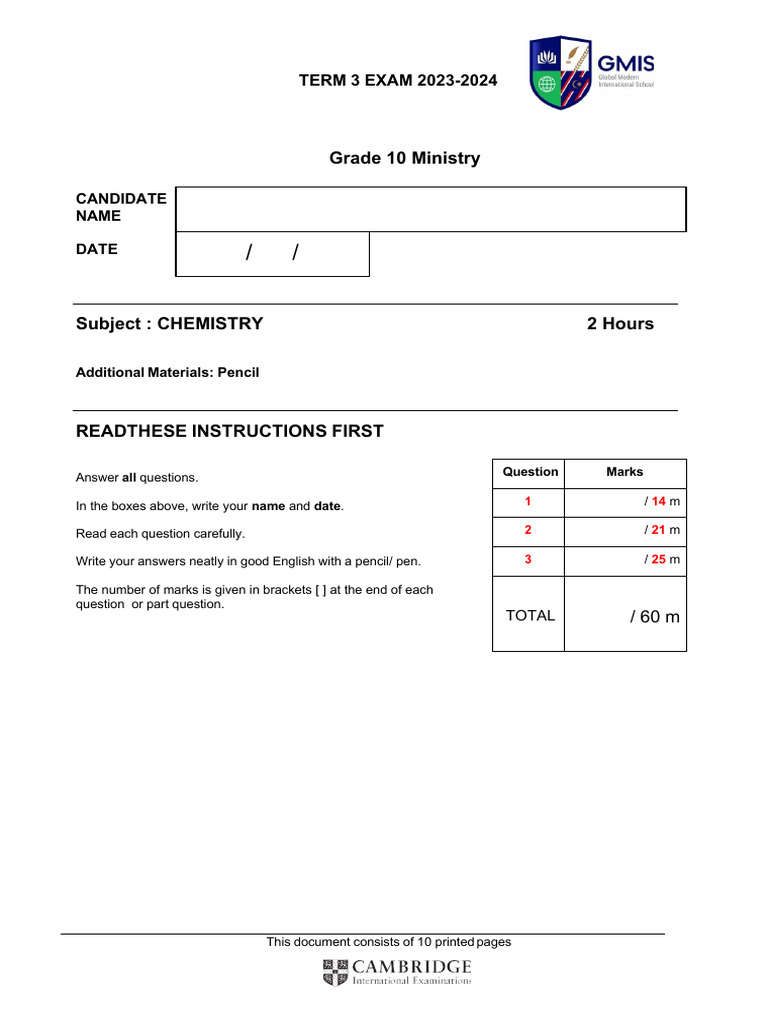 Grade 10 Chemistry Term 3 Exam 2023-2024 | PDF | Redox | Chemical Reactions