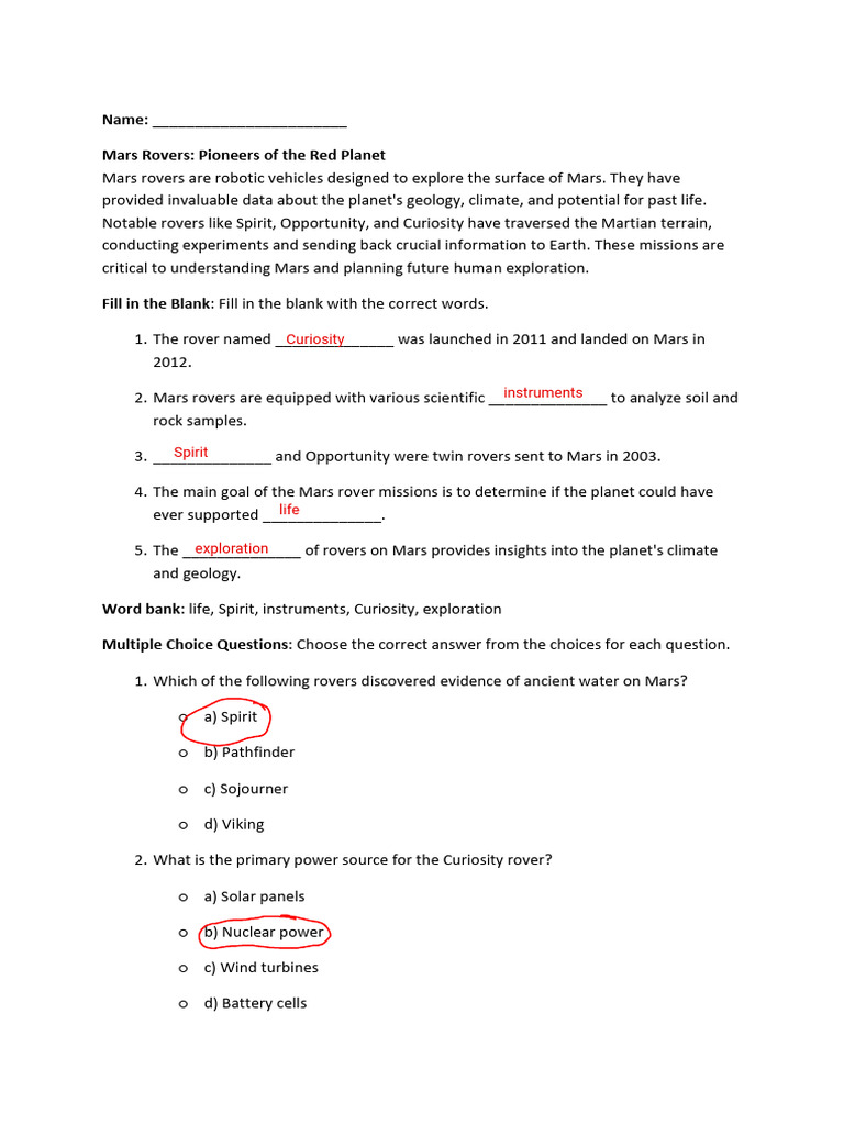 Mars Rover Exploration Worksheet | PDF | Rover (Space Exploration) | Mars