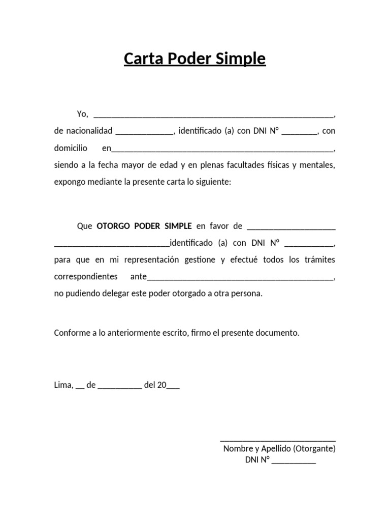 Modelo de Carta Poder Simple en Word | PDF