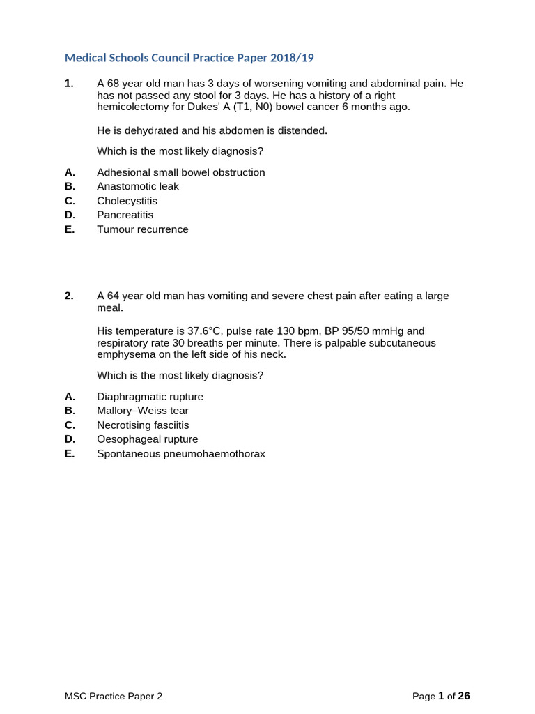 MSCAA Practice Paper 2018/19 | PDF | Medical Specialties | Human ...