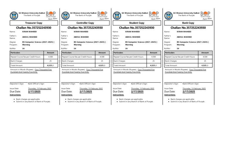 KIRAN WAHEED - Challan - Form - of - Repeat Course Fee Per Credit Hours ...