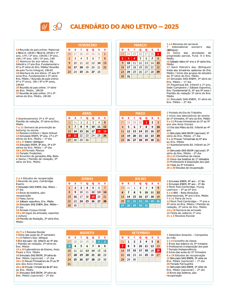 Calendário Escolar 2025: Reuniões e Eventos | PDF