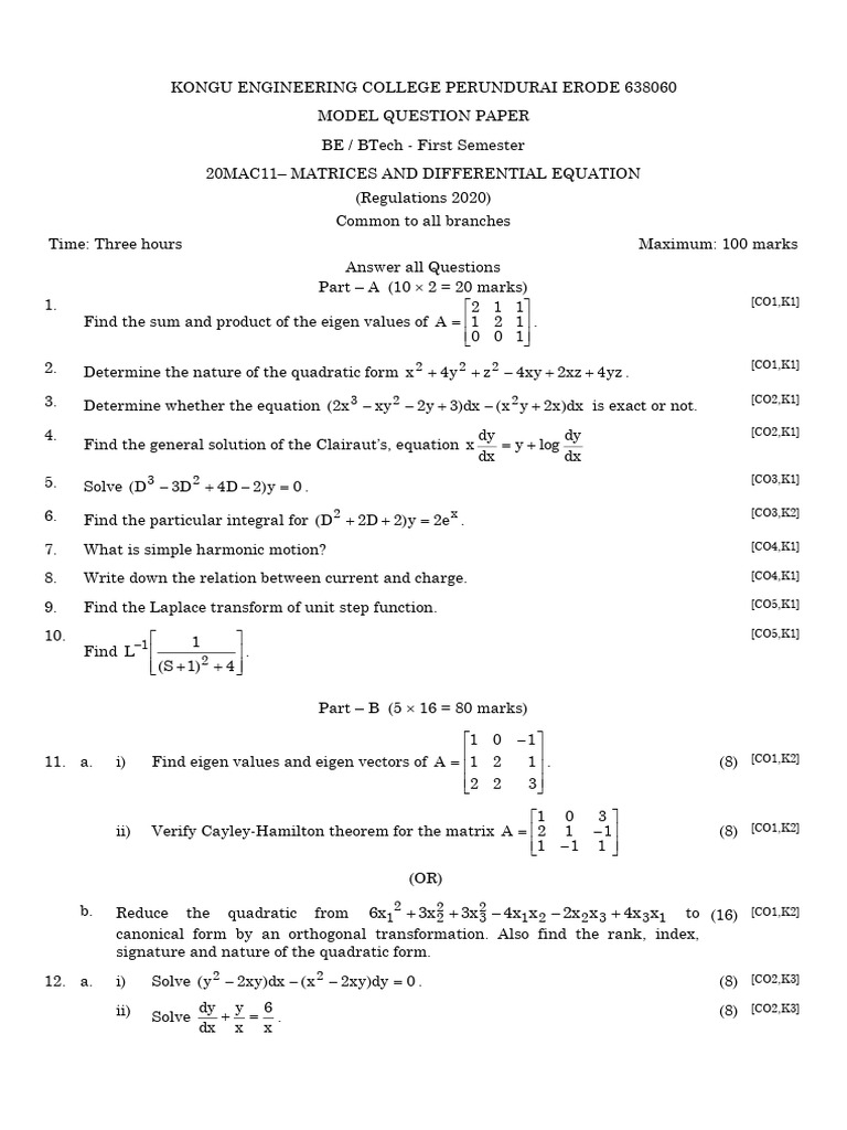 Model Question Paper for 1st Semester BE/BTech | PDF | Mathematical ...